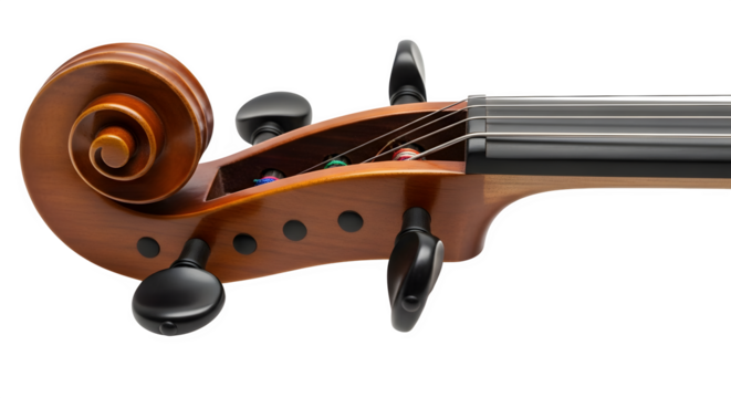 Closeup of a violin scroll and tuning pegs on a transparent background - Powered by Adobe