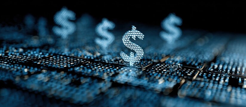 Glowing dollar signs float above a dark digital surface.