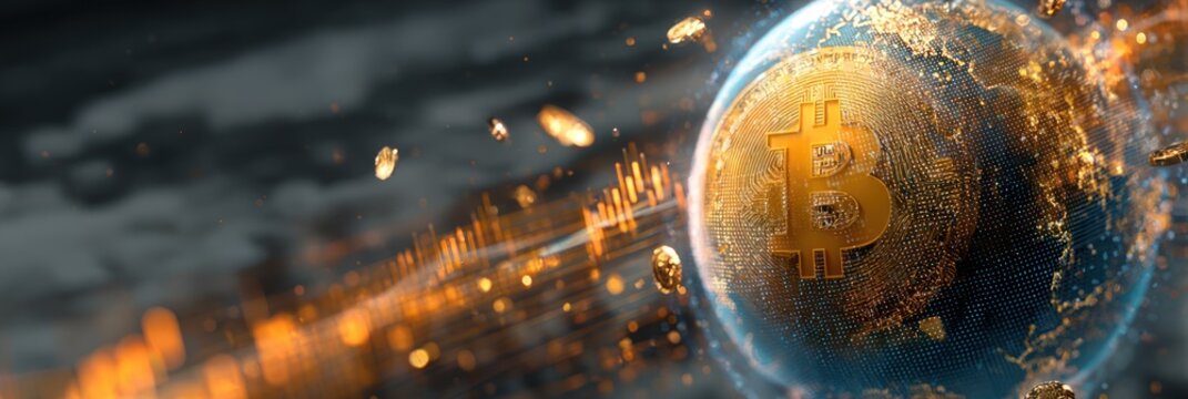 Golden cryptocurrency sphere with glowing digital data and falling coins.