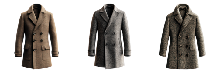 Three stylish winter coats, each showcasing unique designs and colors, perfect for staying warm during the colder months