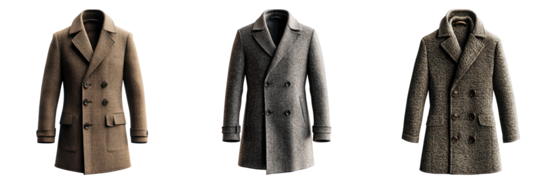 Three stylish winter coats, each showcasing unique designs and colors, perfect for staying warm during the colder months