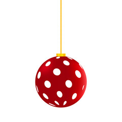 Red polka dot Christmas ornament ball with glossy finish, hanging holiday tree decor, isolated transparent PNG for festive winter and Christmas graphic design