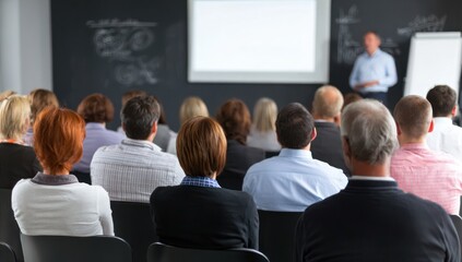 Audience views speaker during a blurred indoor presentation or lecture setting.