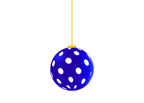 Blue polka dot Christmas ornament ball on string, glossy holiday tree hanging decoration, isolated transparent PNG for seasonal winter celebration artwork