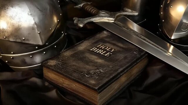 Faith and Fortitude: A striking composition featuring an antique bible, poised alongside a gleaming sword and historical armor, evokes a sense of spiritual strength and historical valor.