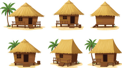 Cartoon tropical huts with thatched roofs and palm trees, vector illustration for beach housing, rural lifestyle, and cultural architecture concept