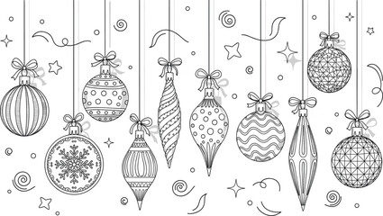 Hand-Drawn Christmas Ornament Vector Set: Hanging Balls, Icicles, Decorations, Snowflake Patterns, and Doodles for Holiday, Winter, Coloring Book, and Festive Graphics.