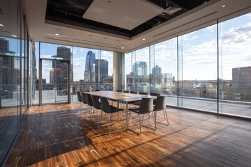 Modern conference room with city view through large glass windows.