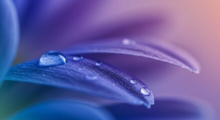 Close-up of a water droplet resting on a purple flower petal with a soft blurred background. A macro nature shot creating banner abstract backdrop for beauty, spa, and spring themes with copy space
