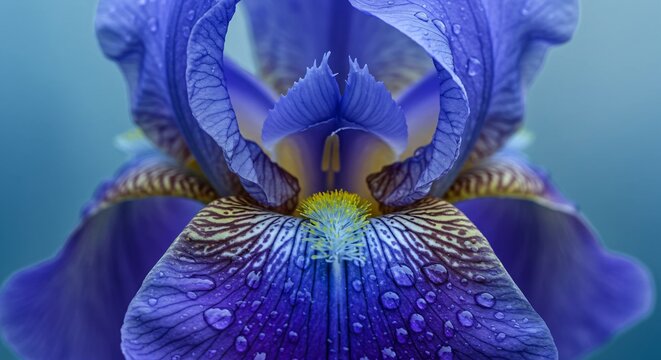 Blue iris flower with water drops. Macro shot of fresh spring bloom. Detailed banner template of artistic floral background for greeting card.