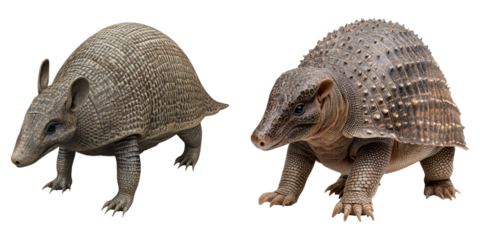Two armadillos with their unique shell armor, walking, side by side. Each armadillo's textured shell contrasts with its soft, detailed head and legs, showcasing intricate patterns 