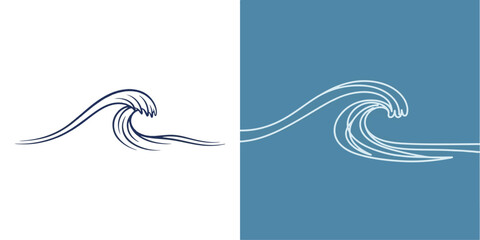 Stylized Ocean Wave Line Art in White and Blue Color Schemes