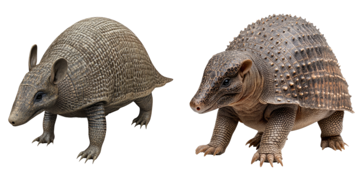 Two armadillos with their unique shell armor, walking, side by side. Each armadillo's textured shell contrasts with its soft, detailed head and legs, showcasing intricate patterns 