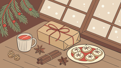 Festive christmas scene with gift, cookies, drink, and spices on a wooden table near window