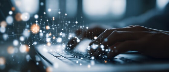 Hands typing on laptop with digital network overlay effect.