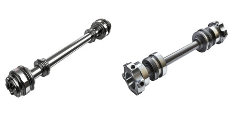 Two close-up shots of high-quality driveshafts laid out next to each other, highlighting their sophisticated mechanical design