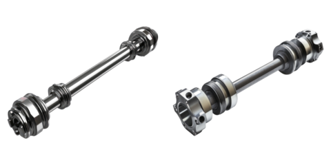 Two close-up shots of high-quality driveshafts laid out next to each other, highlighting their sophisticated mechanical design
