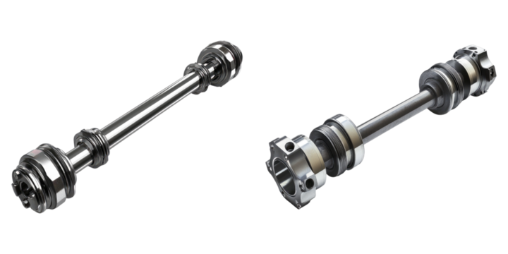 Two close-up shots of high-quality driveshafts laid out next to each other, highlighting their sophisticated mechanical design