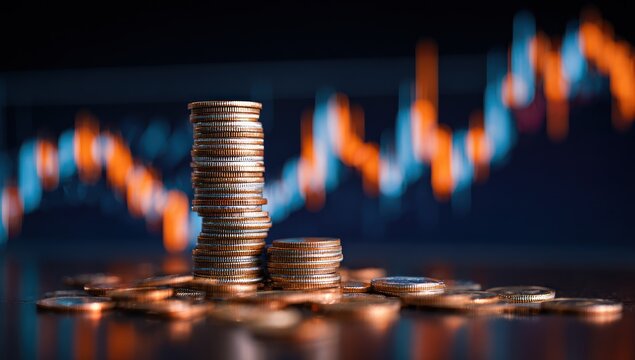 Stacks of metal coins against a dark background with abstract chart lights. - Powered by Adobe