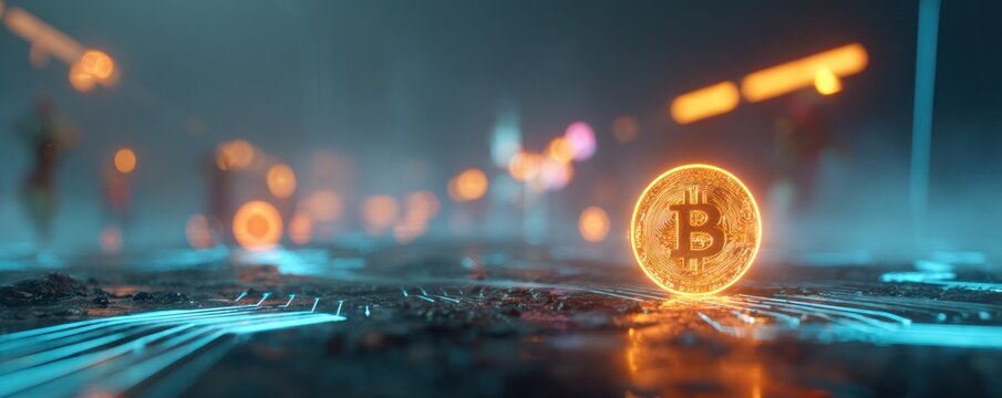 Glowing digital currency coin rests on a dark circuit board surface.