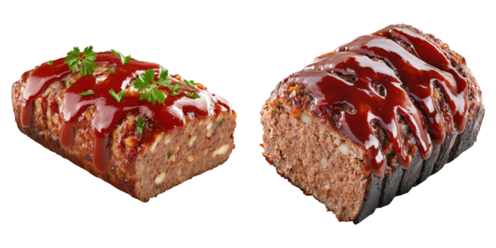 Two appetizing meatloaves, one topped with a vibrant sauce and fresh parsley, and the other with a rich sauce. The close-up shot highlights the texture and flavors