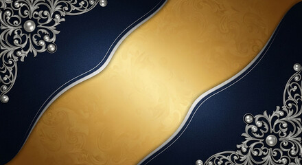 Background ornate background with gold center and decorative silver corners on a navy blue backdrop