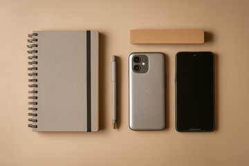 cozy desk arrangement, casual workspace with devices, relaxed flatlay showcasing stationery and gadgets