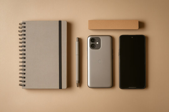 cozy desk arrangement, casual workspace with devices, relaxed flatlay showcasing stationery and gadgets