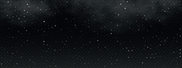 Night starry sky background with light and clouds. Bright glowing stars isolated on transparent backdrop