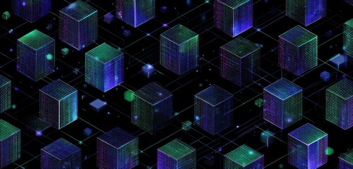 Abstract glowing cubes connected by lines in dark digital space