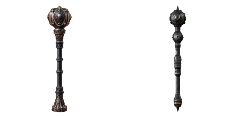 Two ancient maces with intricate designs, ready for battle. Each mace features a detailed head and a long handle.