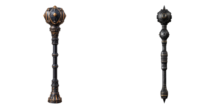 Two ancient maces with intricate designs, ready for battle. Each mace features a detailed head and a long handle.