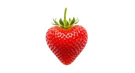 Single ripe red strawberry with green stem and leaves