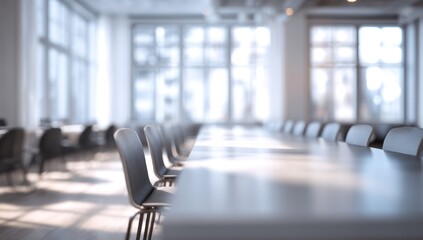 Empty modern conference room with long table and chairs in bright light.