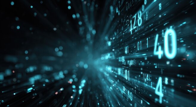 Abstract digital data stream with glowing cyan numbers moving fast.
