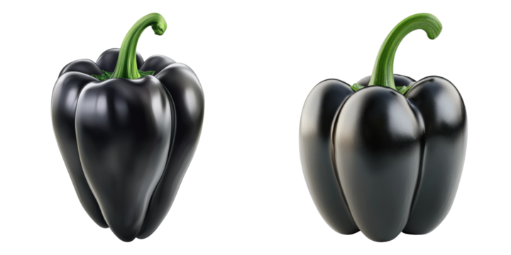 Two fresh, ripe, dark bell peppers with bright green stems, perfect for culinary and agricultural themes