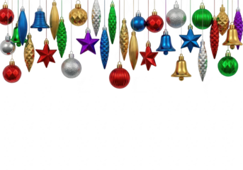 Festive christmas ornaments hanging on strings, creating a colorful and joyful border for holiday designs and decorations, adding a touch of sparkle and cheer isolated on transparent background