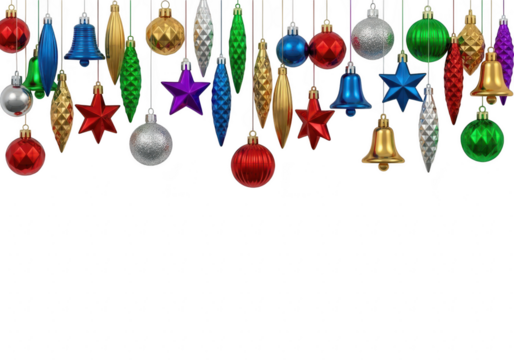 Festive christmas ornaments hanging on strings, creating a colorful and joyful border for holiday designs and decorations, adding a touch of sparkle and cheer isolated on transparent background