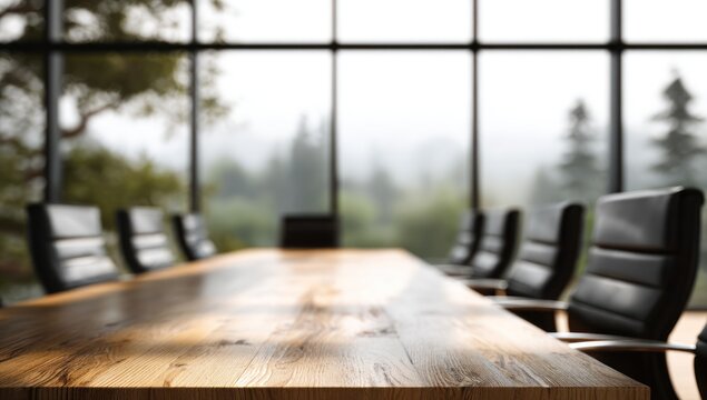 Empty conference room with wooden table overlooking foggy forest view.