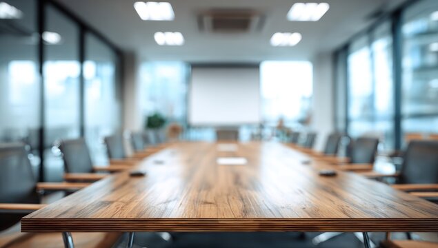 Empty modern conference room with large wooden table and chairs blurred background - Powered by Adobe