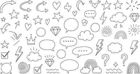 Doodle Sketch Elements Arrows, Hearts, Stars, Diamond, Lightning on Transparent Background
