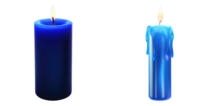 Two elegant blue candles are displayed, with one lit and the other unlit, symbolizing potential and transformation