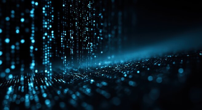 Abstract digital matrix rain with glowing blue bokeh lights background.