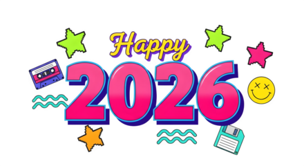 Retro 1980s style happy 2026 text with neon colors and vintage icons isolated on transparent background