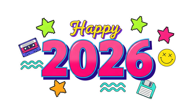 Retro 1980s style happy 2026 text with neon colors and vintage icons isolated on transparent background - Powered by Adobe
