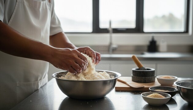 Chef preparing fresh idli dough, showcasing expertise and passion in a clean kitchen.