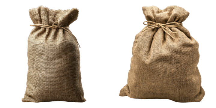 Two burlap sacks, likely containing goods, stand in the foreground. They are tied at the top and appear sturdy and reliable. 