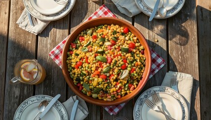 Obraz premium Overhead Shot of Vibrant Succotash Served Family Style on a Picnic Table for Summer