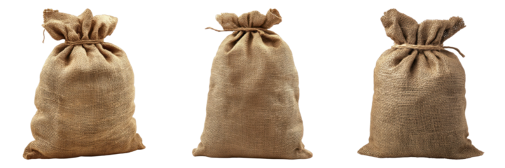 Three closed burlap sack, tightly sealed and ready for transport or storage