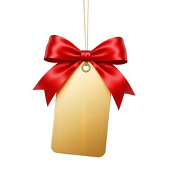 Golden Gift Tag with Red Satin Bow – Elegant, Festive Accent for Holiday or Special Occasion Gifts


